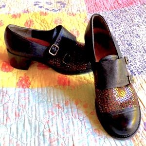 Chie Mihara Monk Strap Black/Multi Color Dots Heels